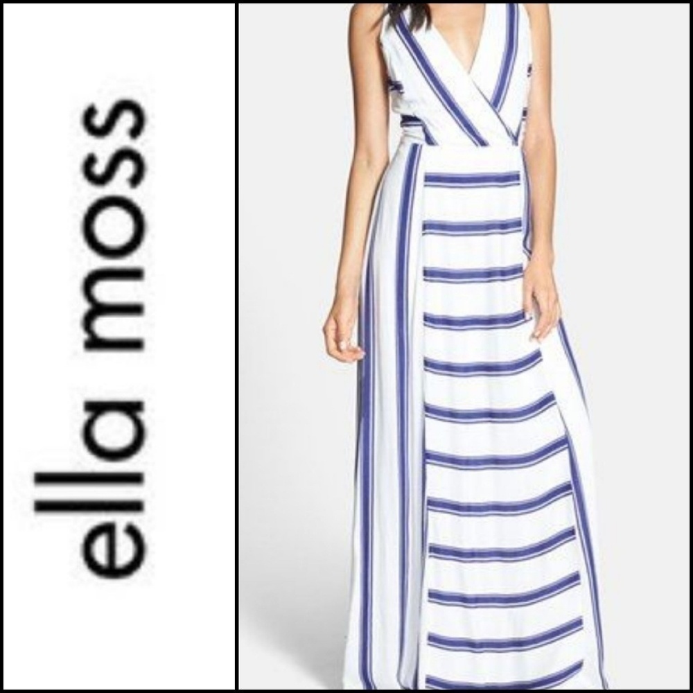 NEW! ELLA MOSS Anabel Navy Stripe Splice Neckline Maxi Dress Small. - Picture 2 of 4